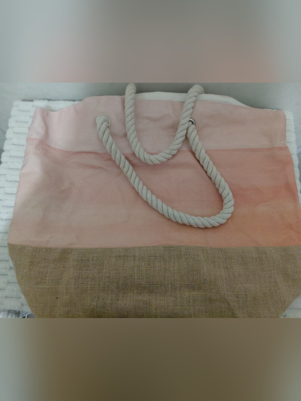 Striped Rope-Handle Beach Tote in Pink, Cream & Tan
